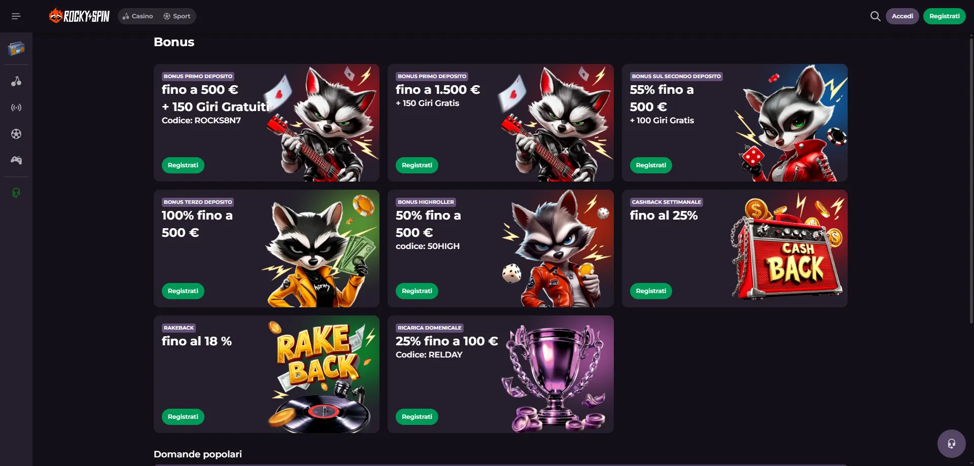 RockySpin Casino bonus di benvenuto fino a 500€ e 250 giri gratis