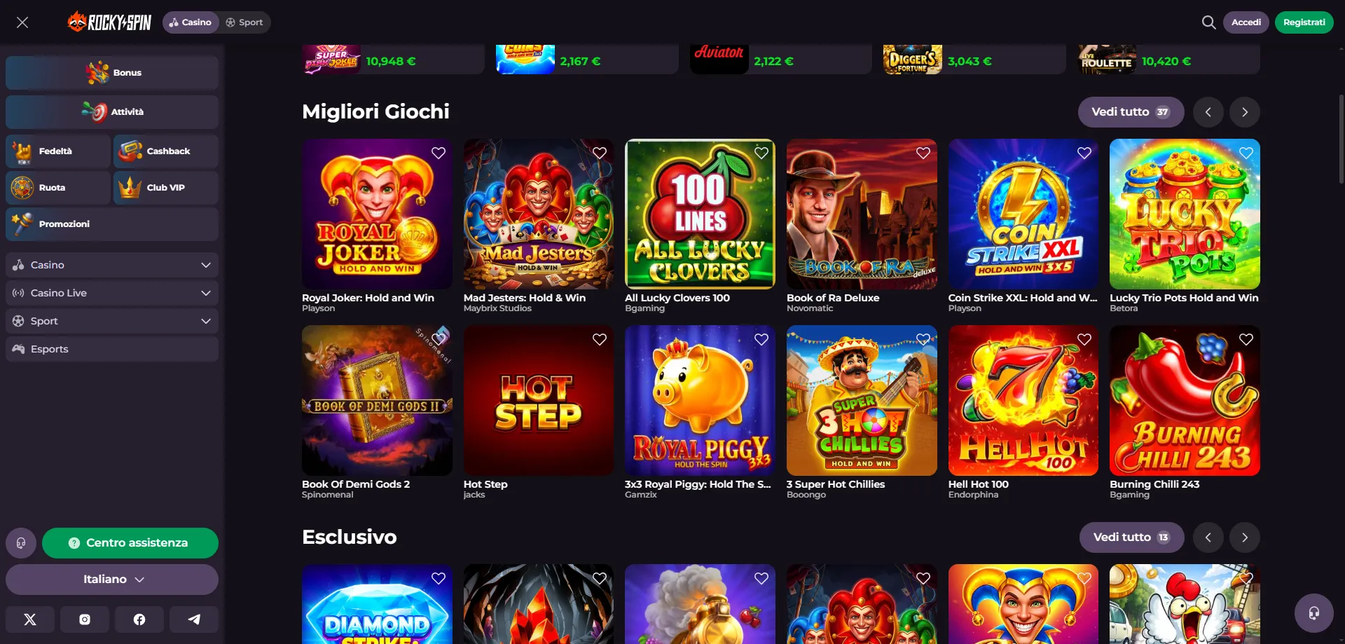 Interfaccia sito ufficiale RockySpin Casino — navigazione semplice e rapida