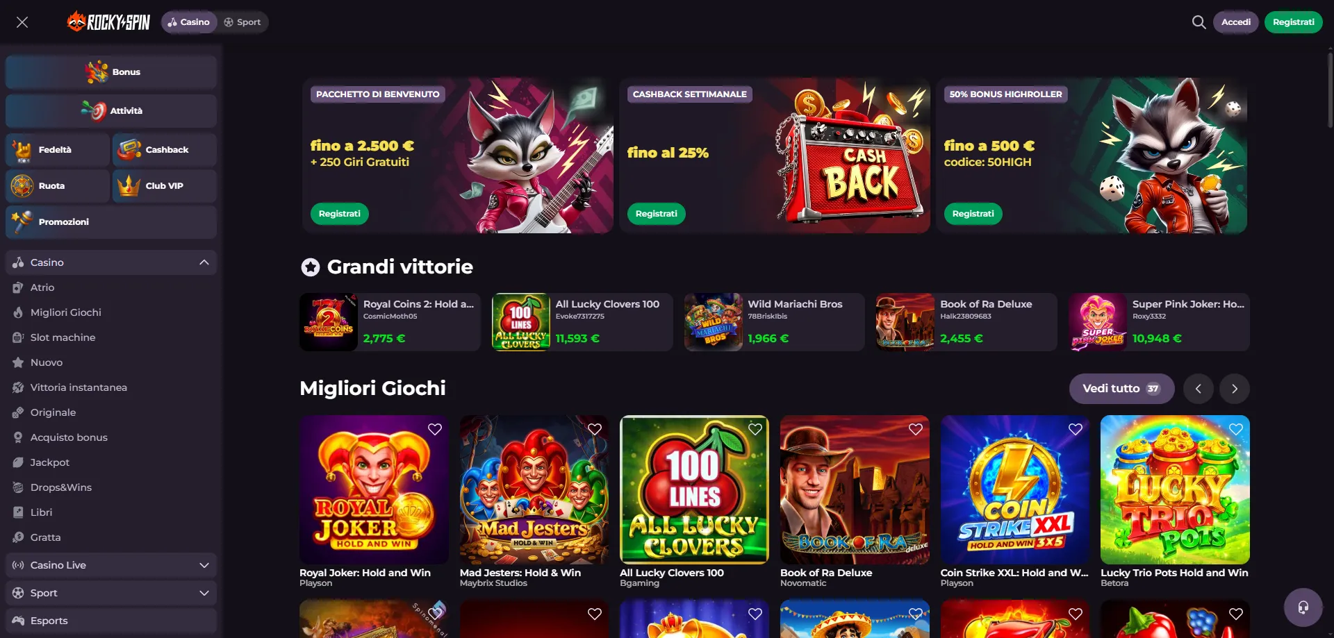 Migliori giochi su RockySpin Casino — slot jackpot e live dealer
